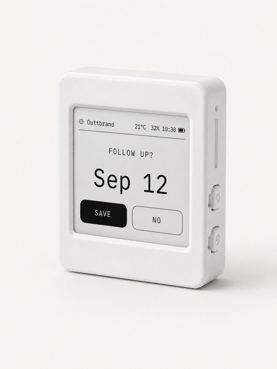 Momentum device showing a follow-up reminder for Sep 12 with save or no options
